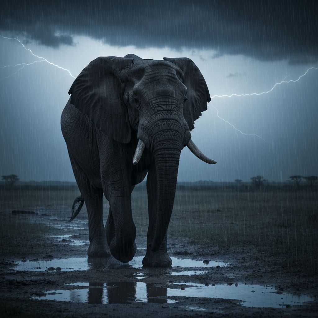 An elephant walking through a storm to protect its caretaker
